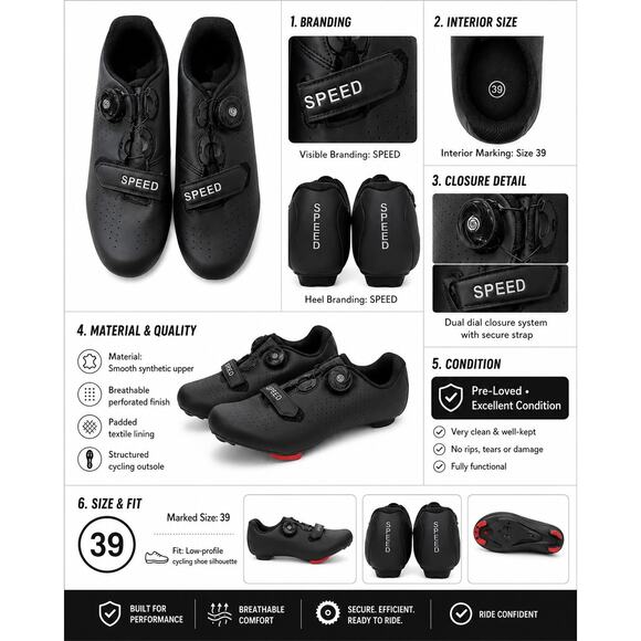 Speed Black Cycling Shoes EU 39 Road Bike Spin Class 3-Bolt Dial Closure